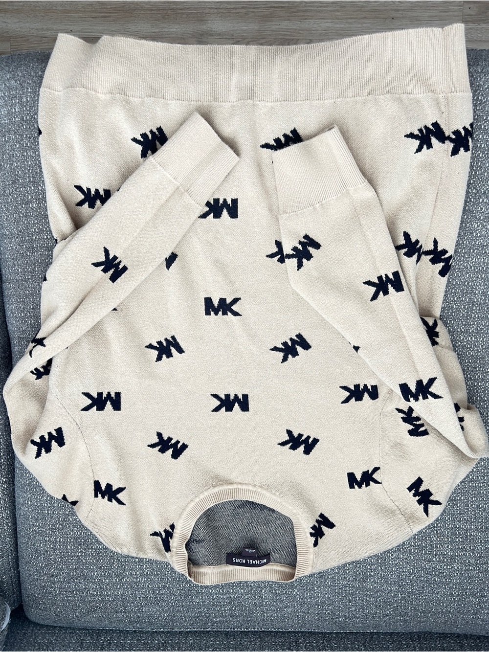 Michael Kors Cream Sweater with Navy MK Logo Pattern